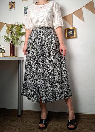 Юбка миди на пуговицах винтажная черно белая цветочек на резинке пышная m l xl хлопок