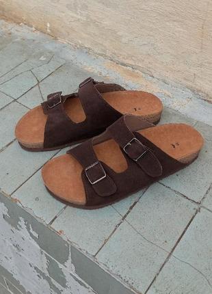 Сандалі замшеві шоколад на двух ремінцях анатомічні жіночі