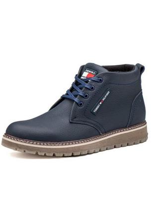 Мужские зимние ботинки hilfiger тн 74 синий из натуральной кожи, кожаные классические ботинки