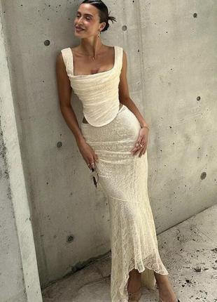 Распродажа комплект prettylittlething костюм ажурный кружевной топ + юбка