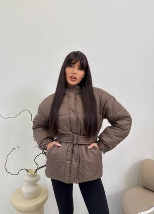 Весенний женский пуфер на экопухе с капюшоном, куртка пуховик на весну с поясом, курточка весенняя на эко пуха, dress