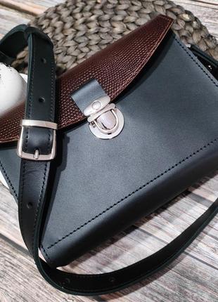 Женская кожаная сумка кросс боди черно-коричневого цвета. сумочка crossbody. стильная женская сумка.