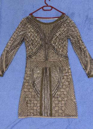 Вечернее платье золотого цвета, размер л, вышитое, бренд lace &amp; Beads