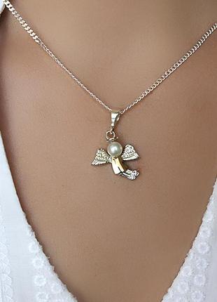 Кулон ангел из серебра с жемчужиной и золотой накладкой