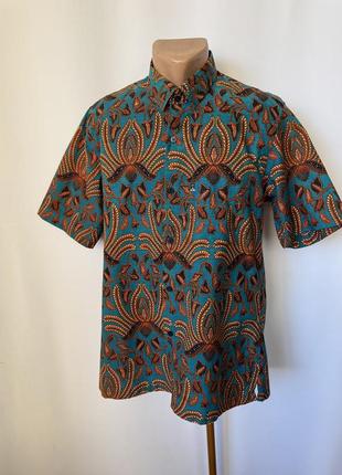 Dixmont яркая мужская рубашка гавайка в стиле этно бохо бирюзовая коричневая яркий принт