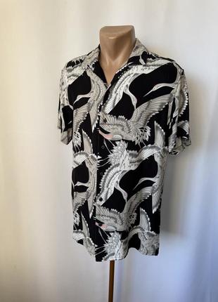 Primark рубашка тенниска принт журавли птицы лебеди яркая гавайка вискоза