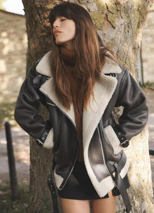 Дубленка zara длинная двусторонняя куртка xs/34, м/38