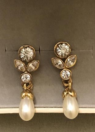 Красивые серьги с цирконами и жемчужиной американский винтаж
