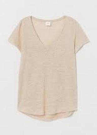 Бежевая льняная футболка с v-образным вырезом l.o.o.g h&m