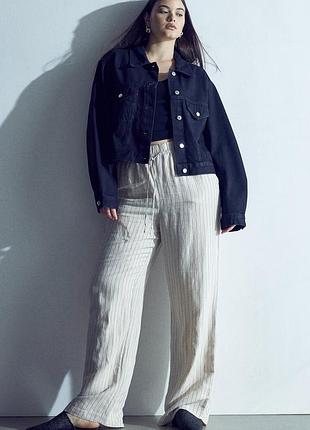 Льняные брюки широкие в мелкую полоску бежевые кремовые лён вискоза h&m