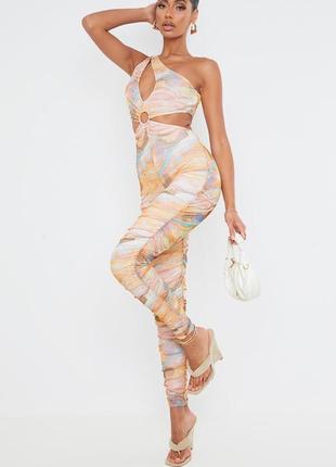 Plt интересный комбинезон с кольцом ассиметричный с вырезом жатый по фигуре сетка бежевый мятный принт мрамор3 фото