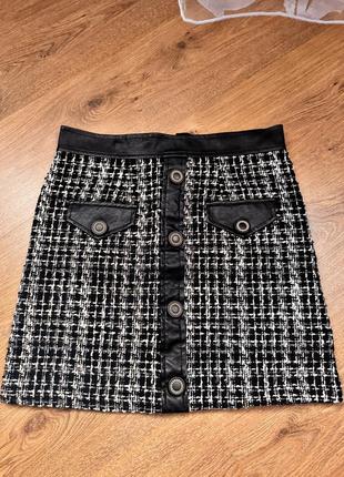 Твидовая юбка с кожаными вставками