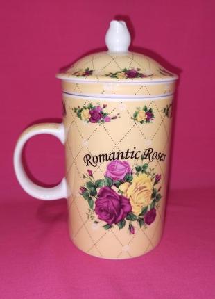 Чашка кружка заварная с керамическим заварником  с крышкой с розами romantic roses