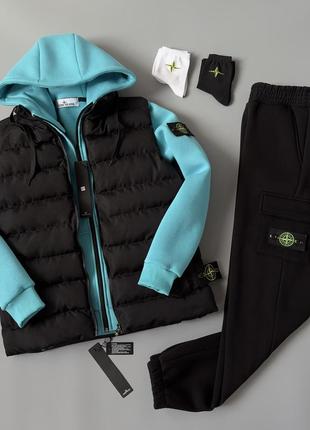 Набор зима: stone island черный жилет, бирюзовый зип худи, штаны костюм