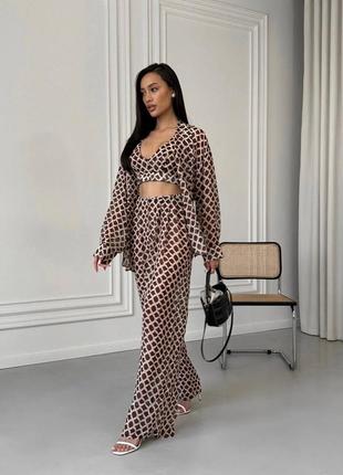 Костюм тройка шифон топ рубашка на пуговицах и брюки брючины палаццо