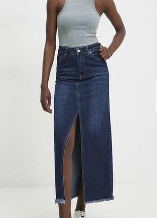 Джинсова спідниця темно-синій максі прямого крою