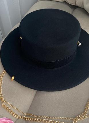 Шляпа / чорний капелюх / канотье с цепочкой4 фото