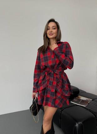 Стильна червона міні  сукня в клітинку з рюшами ❤️