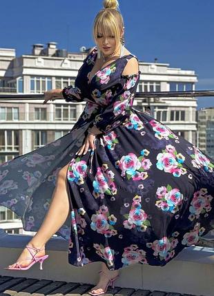 Сукня жіноча довга батал святкова та повсякденна, на запах, з відкритими плечима, софт-шовк, у квітковий принт. плаття синє, червоне, чорне