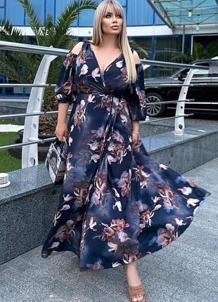 Сукня жіноча довга батал святкова та повсякденна, на запах, з відкритими плечима, софт-шовк, у квітковий принт. плаття синє, червоне, чорне