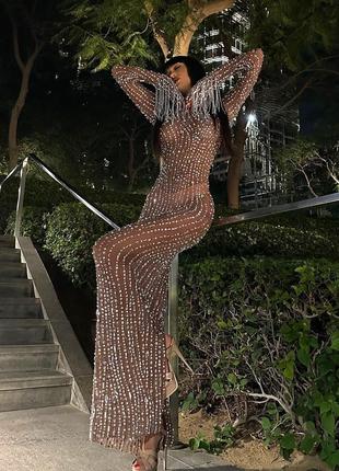 Вечірня блискуча прозора сітка  максі сукня камні стрази