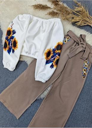 Крутий костюм з термо вишивкою, блуза-топ та брюки палаццо