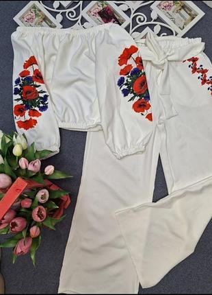 Крутий костюм з термо вишивкою, блуза-топ та брюки палаццо