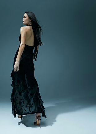 Розкішне плаття murci devore plunge halterneck maxi front split dress mask — s4 фото