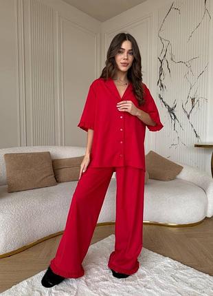 Червона жіноча піжама софт сорочка з коротким рукавом та штани