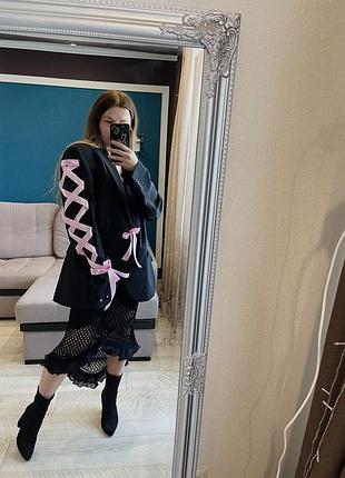 Шерстяной жакет пиджак из мужского плеча апсайклинг апсайклинг ручная работа черный с розовым 🎀