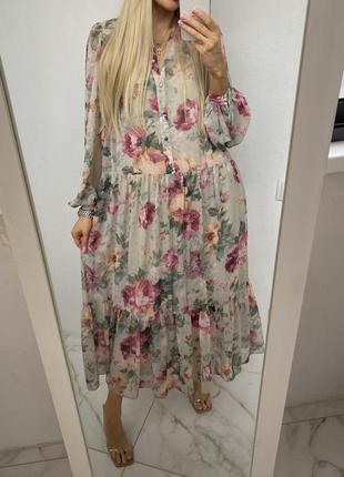 Редкое шифоновое платье h&m ментол розы цветочное платье миди макси цветы шифон