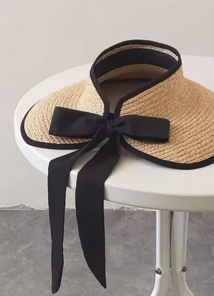 Соломенная из рафии шляпа шляпа козырек с бантом