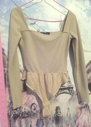 Боді лонг рубчик бежевий з квадратним вирізом