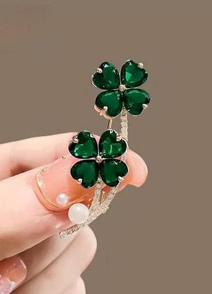 Красивая брошь клеверная зеленая, размер 5 см * 2 см, код: 0119