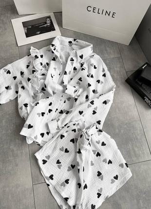 Нежная пижамка из муслина 🖤 пижама, домашний костюм, пижама, шорты рубашка