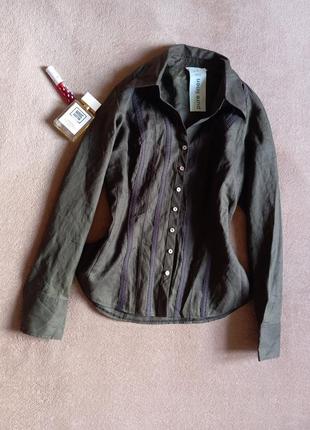 Красивая стильная качественная льняная блуза рубашка глубокого зеленого цвета с вышивкой