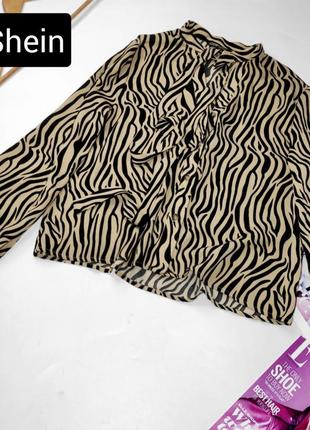 Сорочка жіноча бежевого кольору у чорну смужку з широкими рукавами від бренду shein s