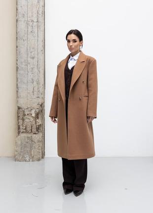 Пальто женское демисезонное двубортное шерстяное, деловое, элегантное, карамельное