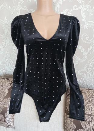 Боди комбидресс черный велюровый в стразы
