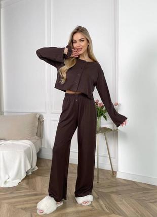 Жіночий домашній костюм піжама в рубчик кофта, штани і резинка для волосся