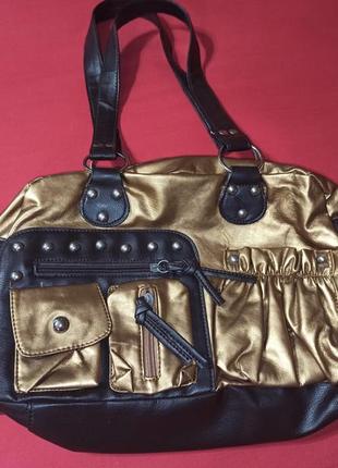 Сумка женская золотая с множеством карманов на плечо