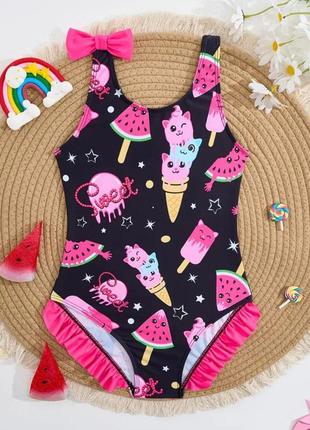 Купальник для дівчинки sweet та котикамм з бантом на плечі . 120-130 розмір