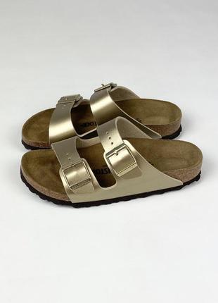 Кожаные тапки / сланцы / босоножки birkenstock arizona birko-flor germany 🇩🇪 оригинал коричневые / золотые размер 36