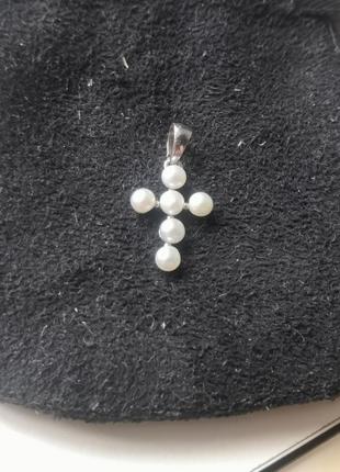 Серебряный крестик подвеска с натуральными жемчугом кулон серебряный крест5 фото