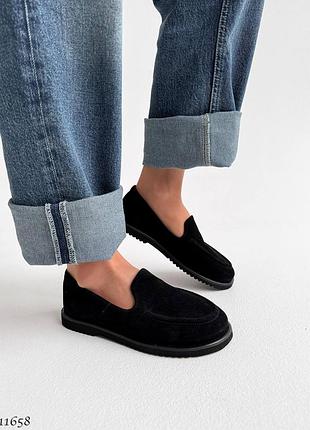Жіночі лотери туфлі мокасини чорні замшеві з натуральної замші 11658