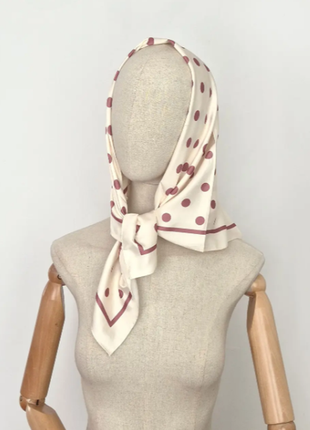Хустка жіноча шовкова 75*75 см айворі горох кармін на голову шию