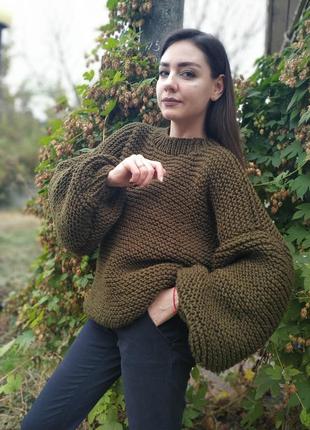Женский вязаный свитер крупная вязка оверсайз толстый тёплый объёмный ручная работа3 фото