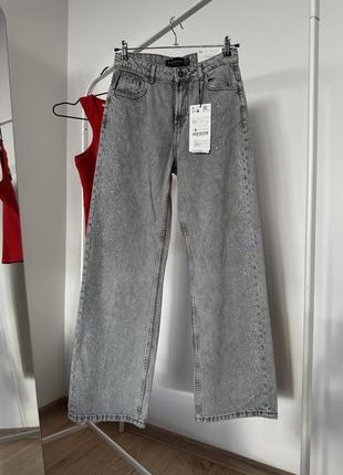 Джинси wide leg сірі зі стразами