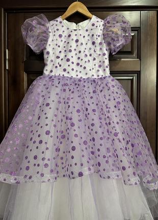 Блестящее детское платье в фиолетовые горошки 140 см
