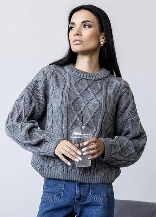 Базовый женский свитер с аранами шерстяной из шерсти темно серый графит